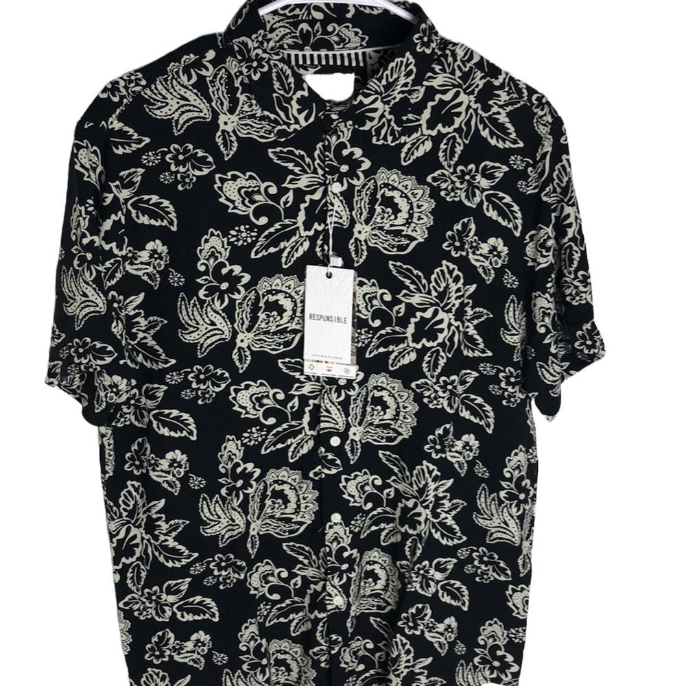 Denim & Flower Tropical Floral Hibiscus Viscose Button Up Shirt Men’s Si…